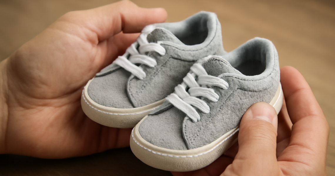 mains examinant une petite paire de baskets
