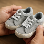 mains examinant une petite paire de baskets
