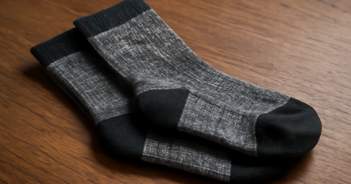 paire de chaussettes techniques pliees sur table en bois