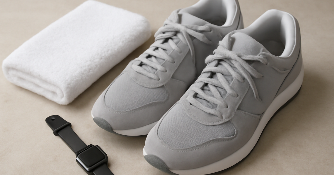 paire de baskets posée près d'une serviette et montre