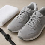 paire de baskets posée près d'une serviette et montre