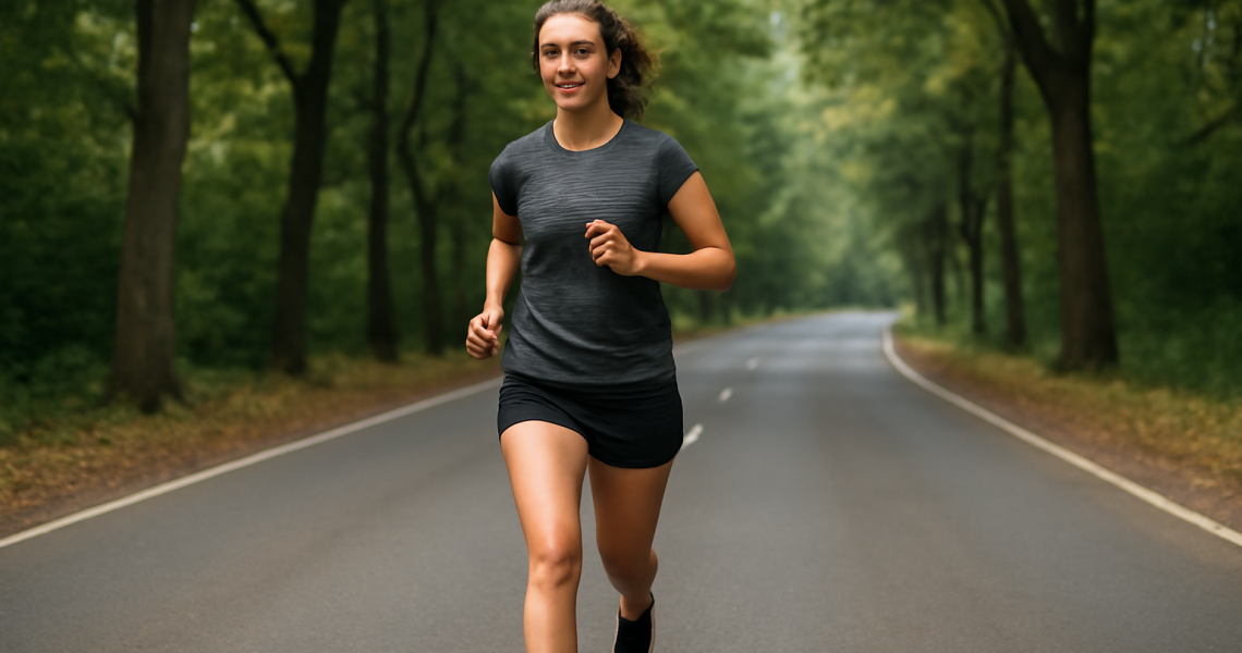 femme courant sur route bordee d'arbres