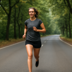 femme courant sur route bordee d'arbres