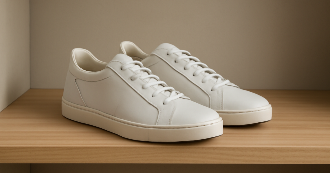 paire de baskets etroites posees sur etagere