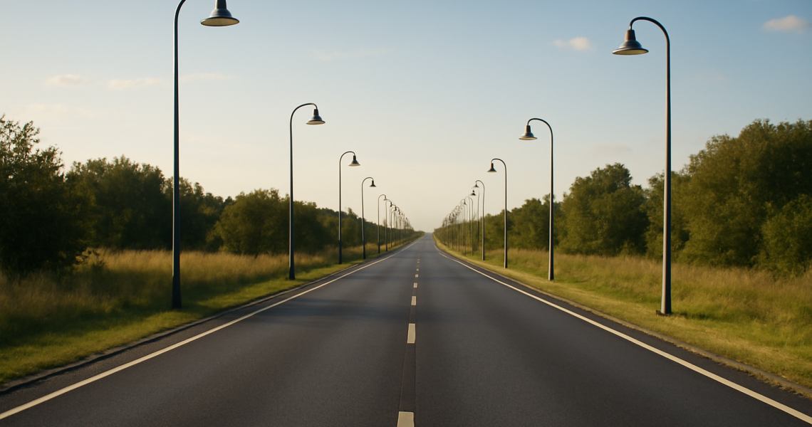 route bitumee bordee de lampadaires