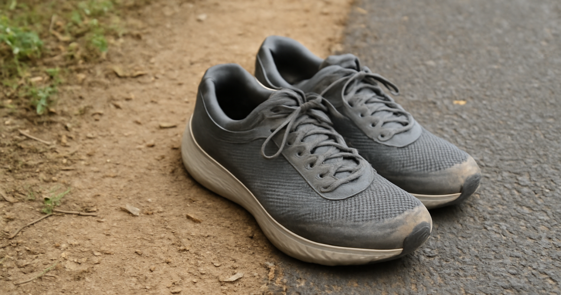 paire de baskets sur sentier et bitume