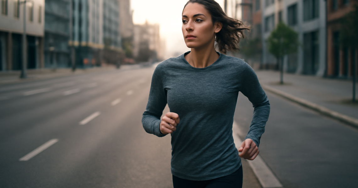 femme courant sur route urbaine au matin