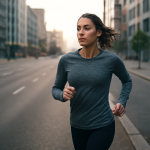 femme courant sur route urbaine au matin