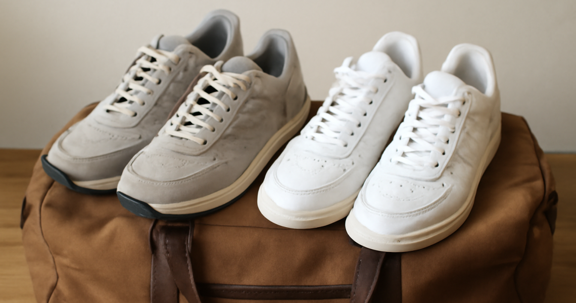 deux paires de baskets sur sac de voyage
