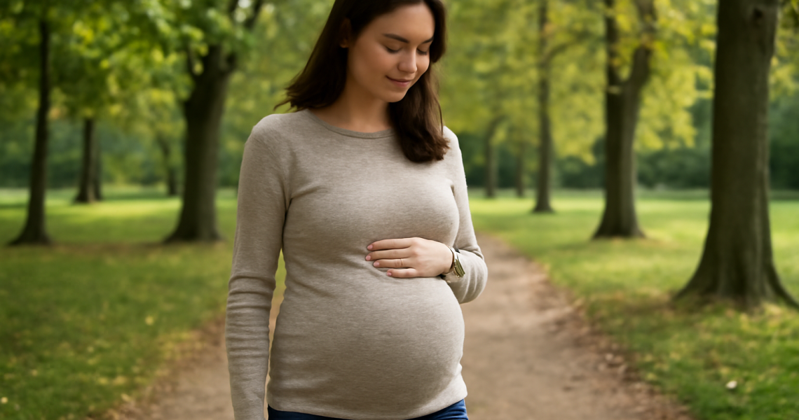 femme enceinte marchant doucement en parc