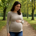 femme enceinte marchant doucement en parc