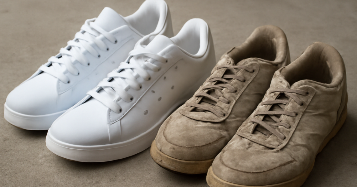 paire de baskets neuves pres d'anciennes