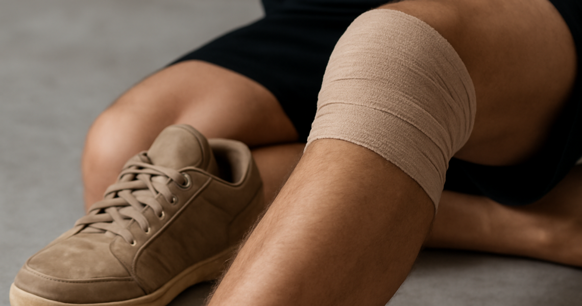 chaussure posée près d'un genou bandé
