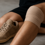 chaussure posée près d'un genou bandé