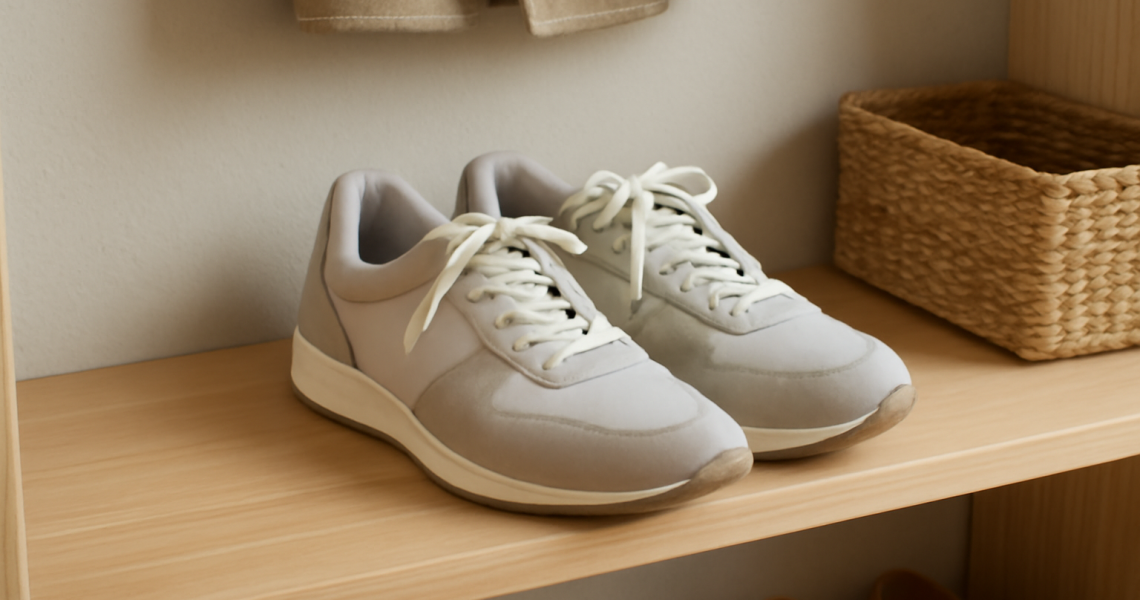 paire de baskets rangee sur etagere en entree