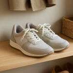 paire de baskets rangee sur etagere en entree
