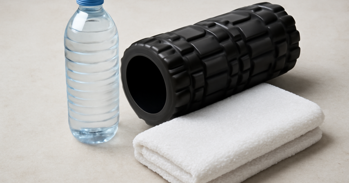 bouteille d'eau rouleau de massage et serviette posés