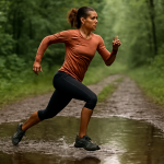 coureuse franchissant une flaque sur sentier humide