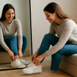 cliente essayant des baskets devant un miroir