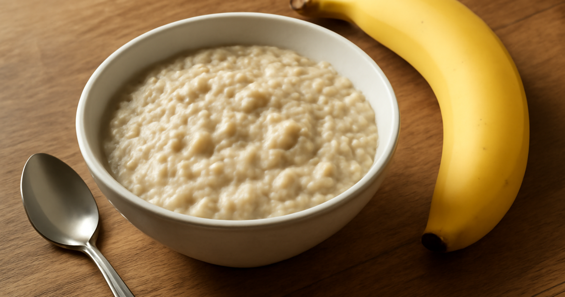 bol de porridge et banane sur table
