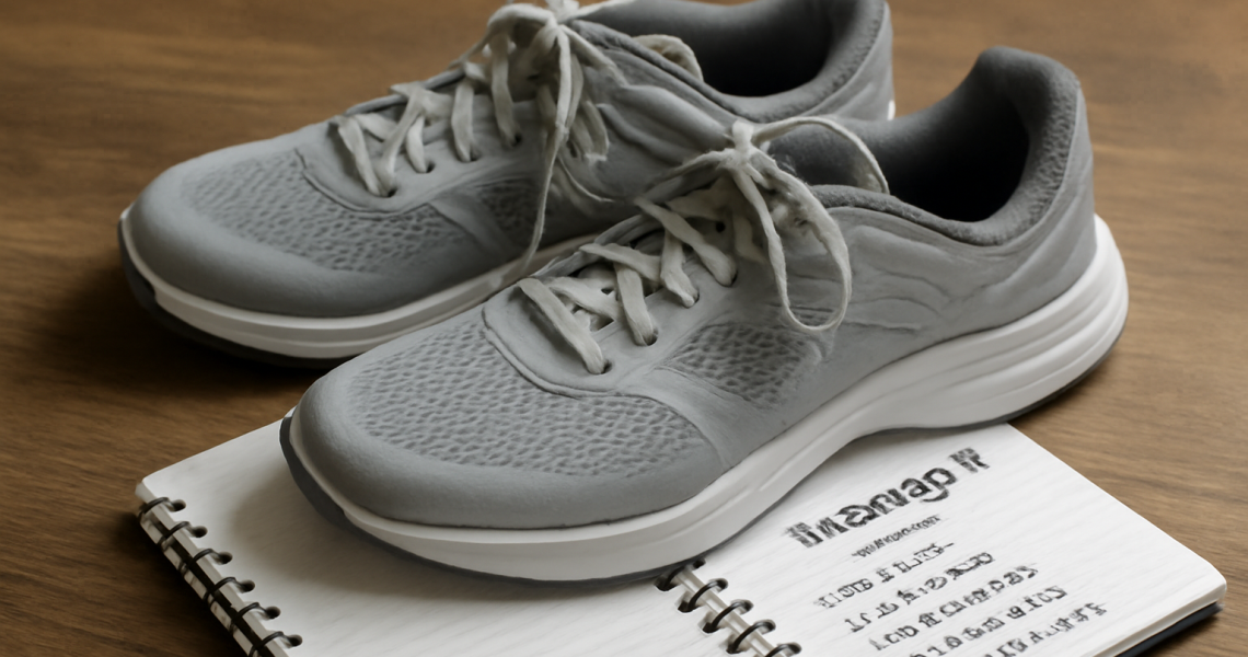 paire de baskets posees sur carnet d'entraînement