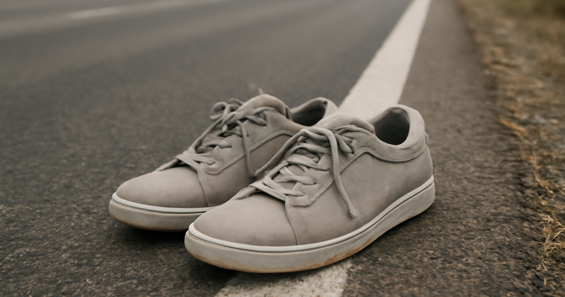 paire de baskets posée au bord d'une route