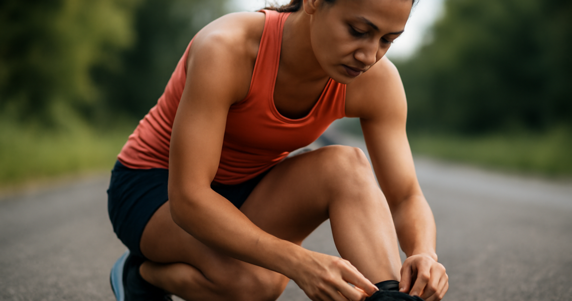 coureuse préparant ses baskets avant course rapide
