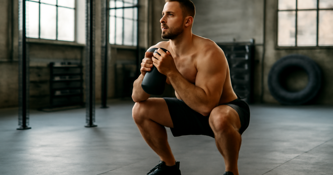 athlète faisant squats avec kettlebell en salle