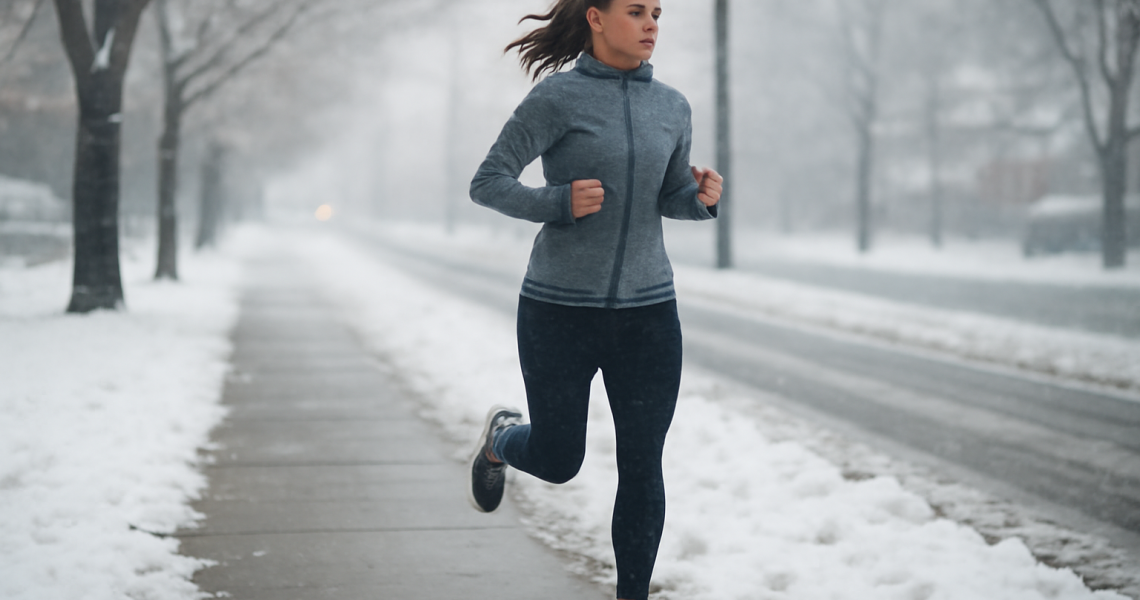 femme courant sur trottoir enneige en matinée