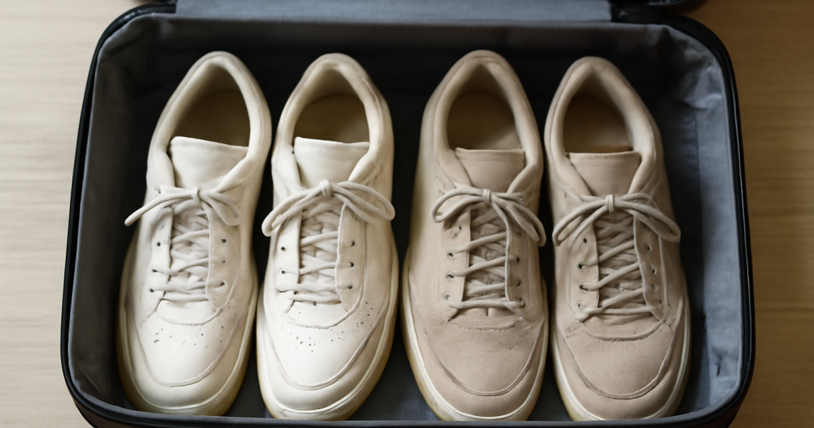 deux paires de baskets rangees dans une valise