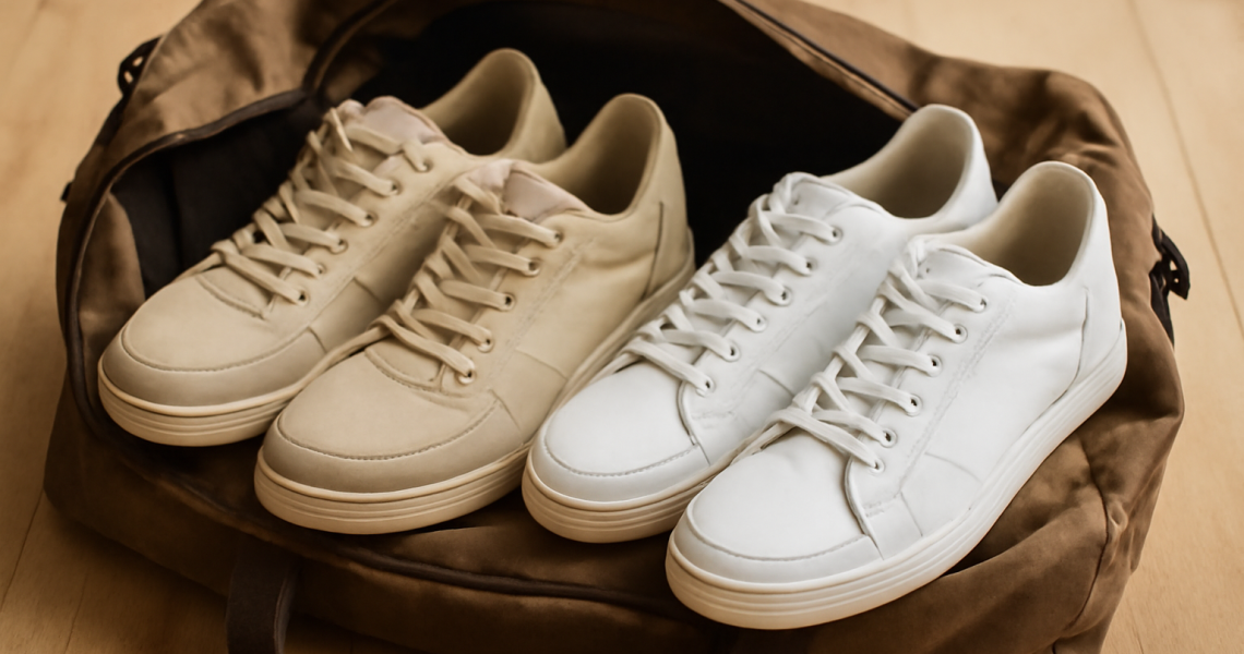 deux paires de baskets sur sac de voyage ouvert