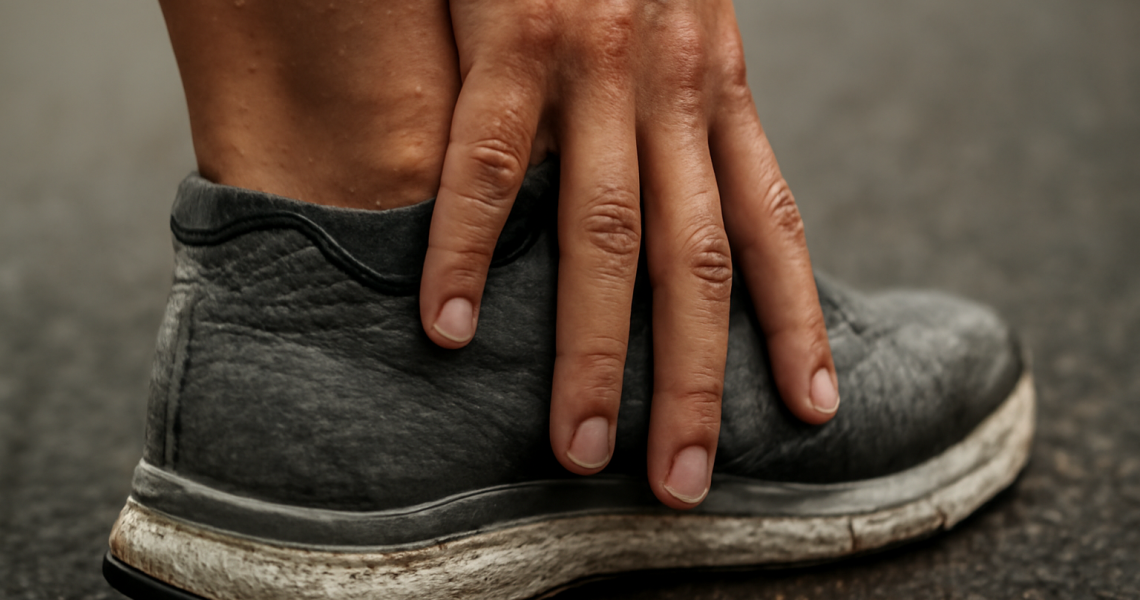 gros plan talon avec main dessus après jogging