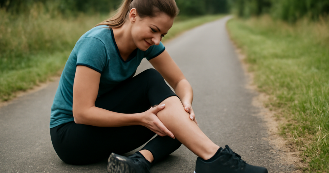 femme tenant son mollet sur le bord d'un chemin
