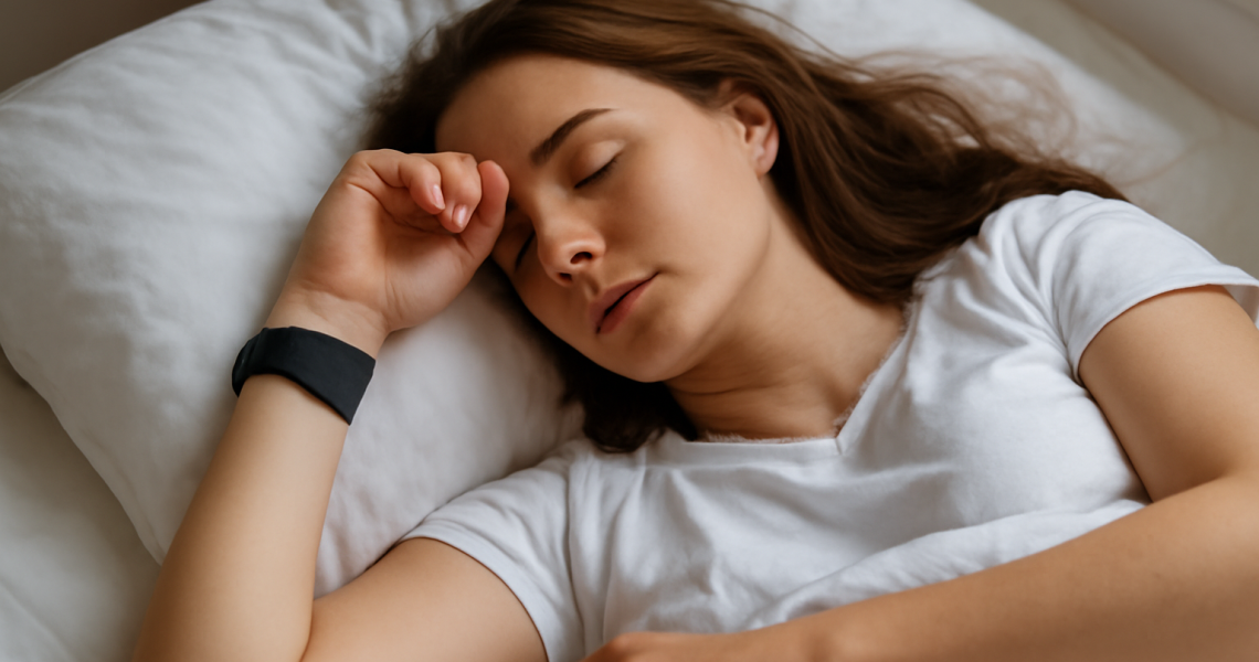 femme allongee avec montre de sommeil au reveil