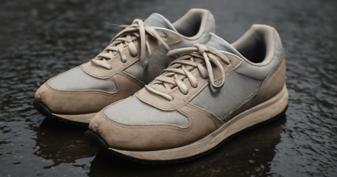 paire de baskets sur bitume mouillé