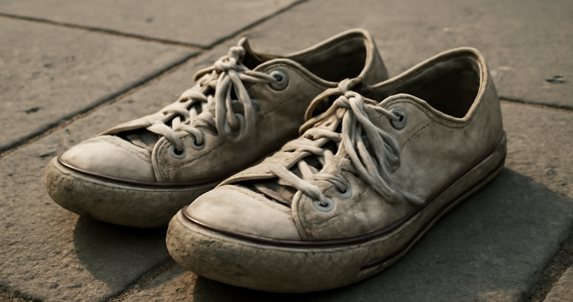 paire de baskets usée posee sur trottoir