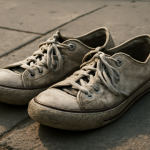 paire de baskets usée posee sur trottoir