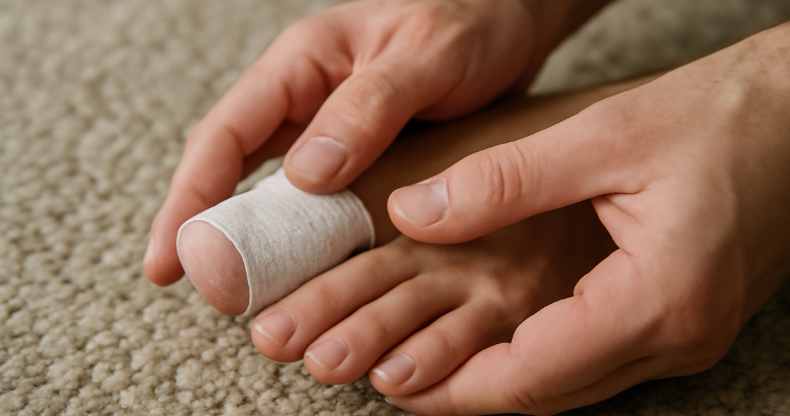 main soignant un orteil bandé sur tapis