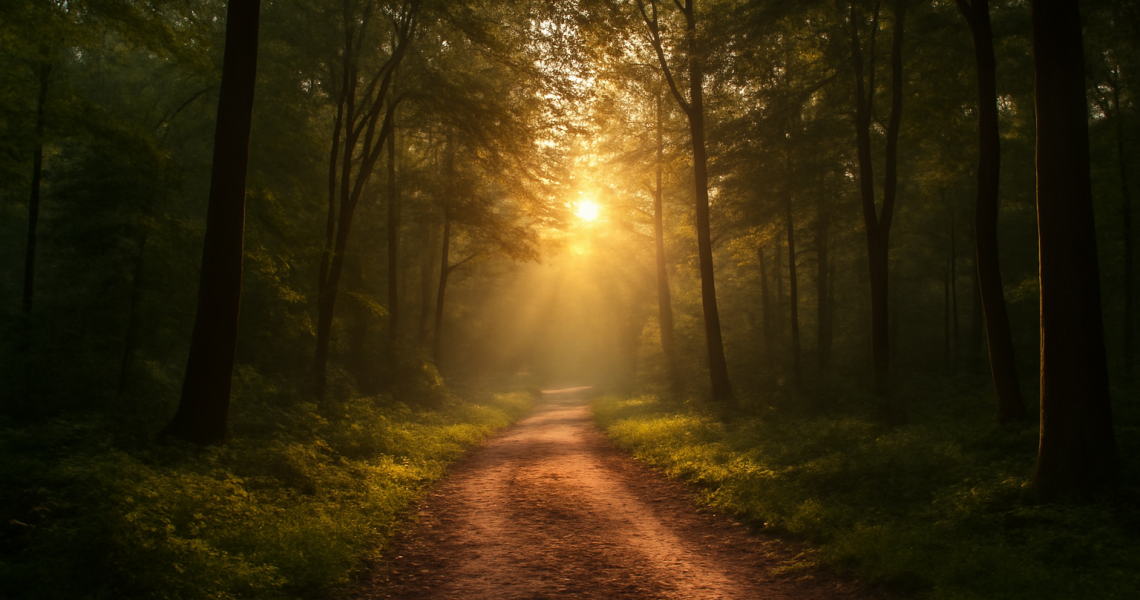 sentier forestier au lever du soleil