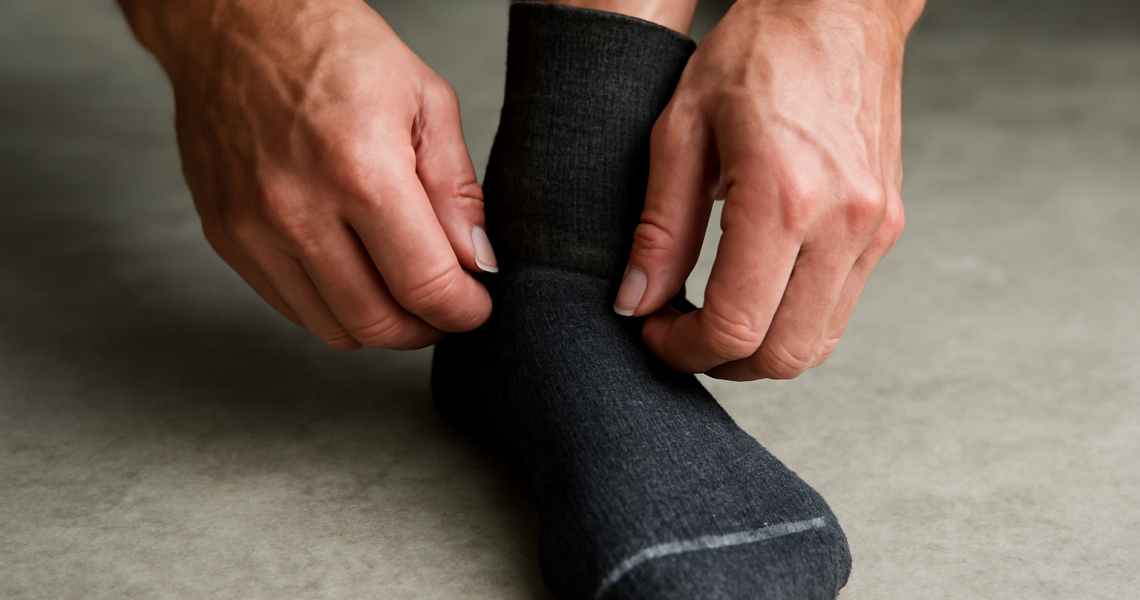 mains chaussant des chaussettes techniques