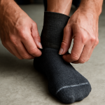 mains chaussant des chaussettes techniques