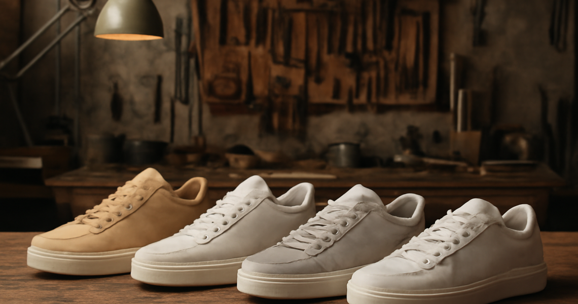 atelier artisanal avec paires de baskets alignees