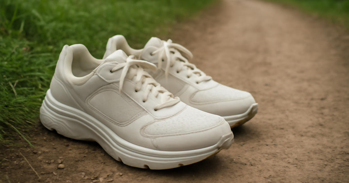 paire de baskets posee sur bord de sentier