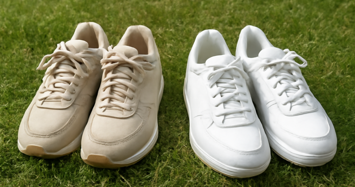 deux paires de baskets posées sur herbe