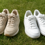 deux paires de baskets posées sur herbe
