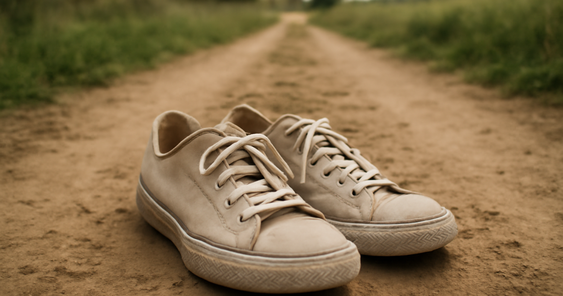 paire de baskets posee sur chemin de campagne