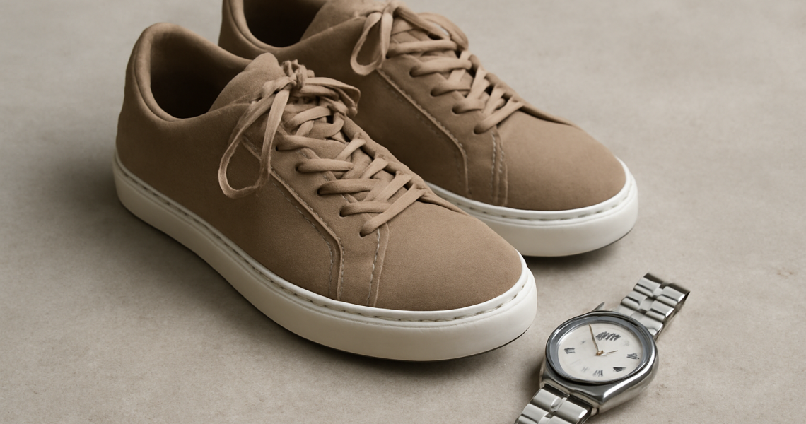 paire de baskets posees a cote d'une montre