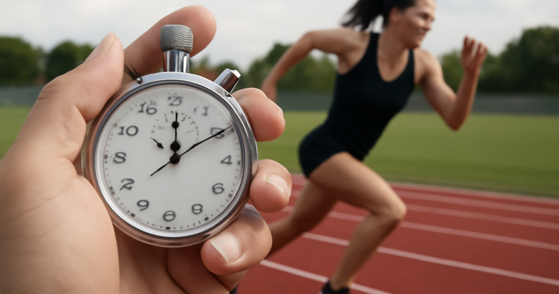 chronomètre et coureuse sur piste