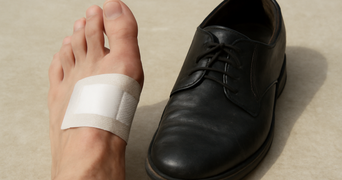 pied avec pansement et chaussure à côté