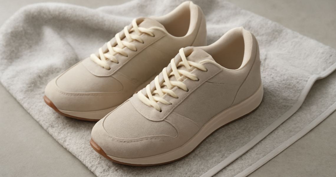 paire de baskets posée près d'une serviette